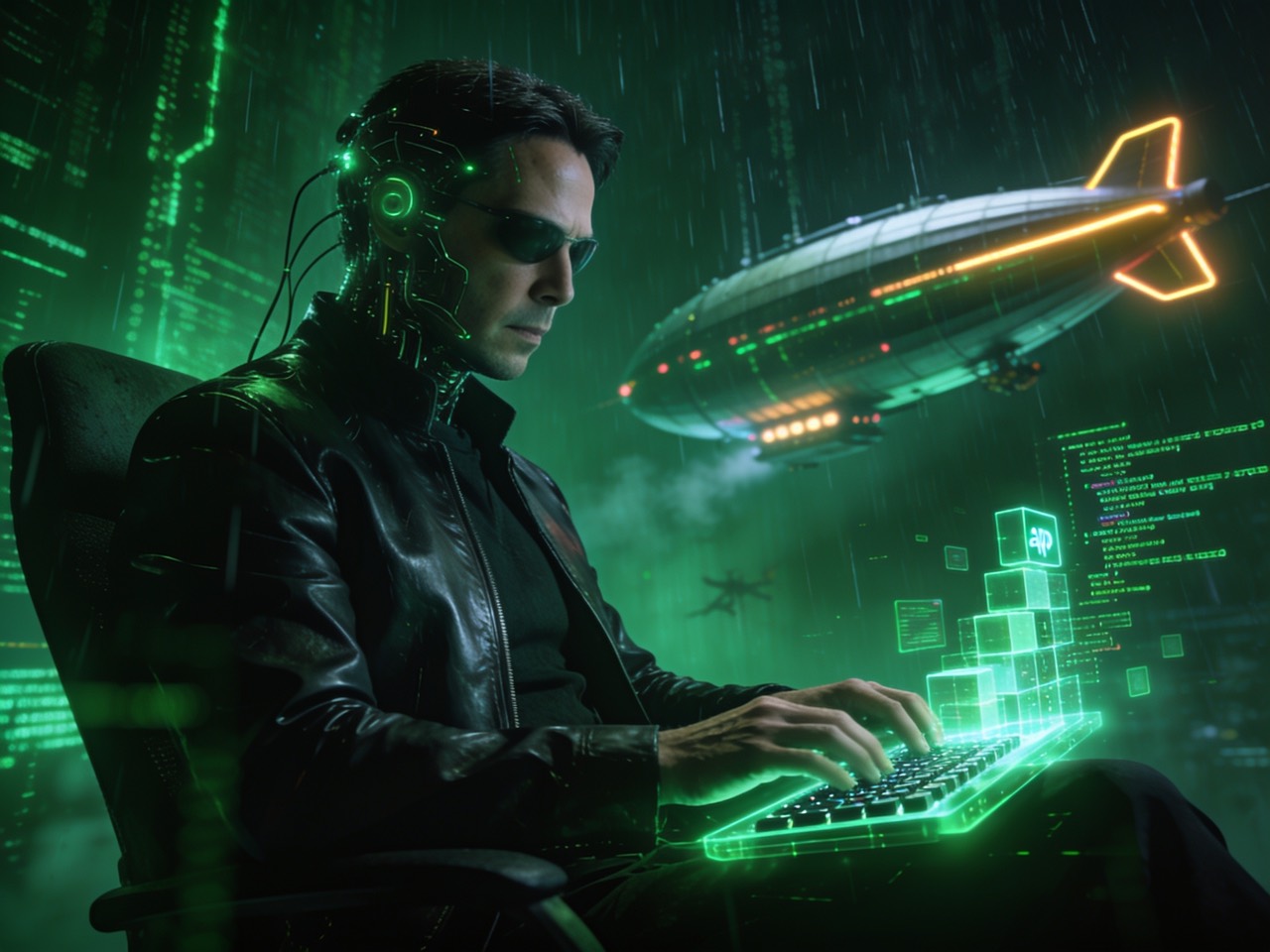 A Matrix-style operator jacked into a glowing keyboard, an AI cube and a Dirigible airship hovering in the green code-rain behind him.