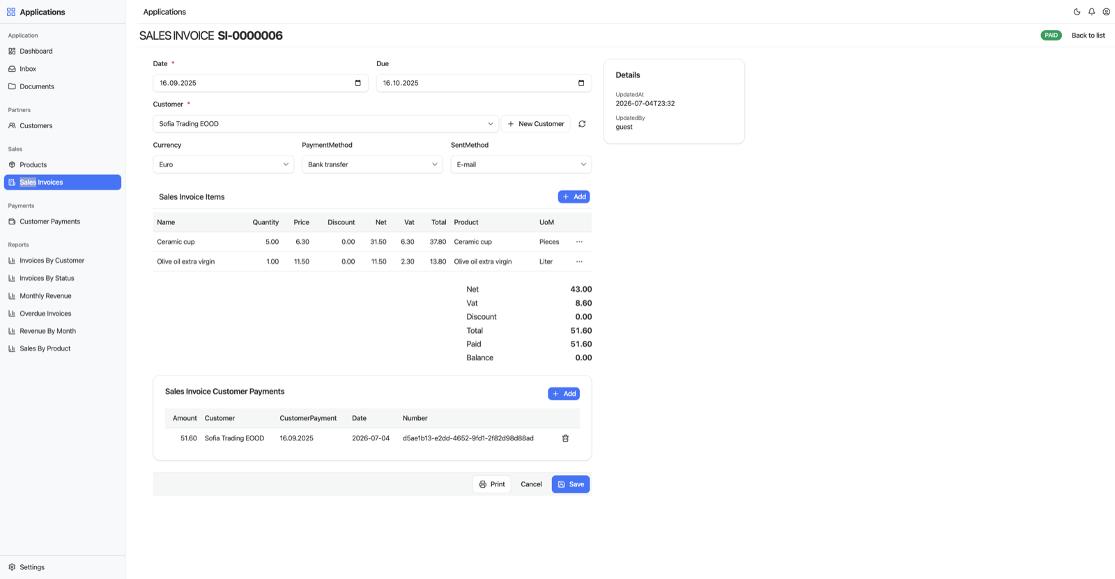A settled sales invoice: line items with computed Net, Vat and Total, and a Sales Invoice Customer Payments panel showing the allocated payment - Paid equals Total, Balance is 0, status PAID.