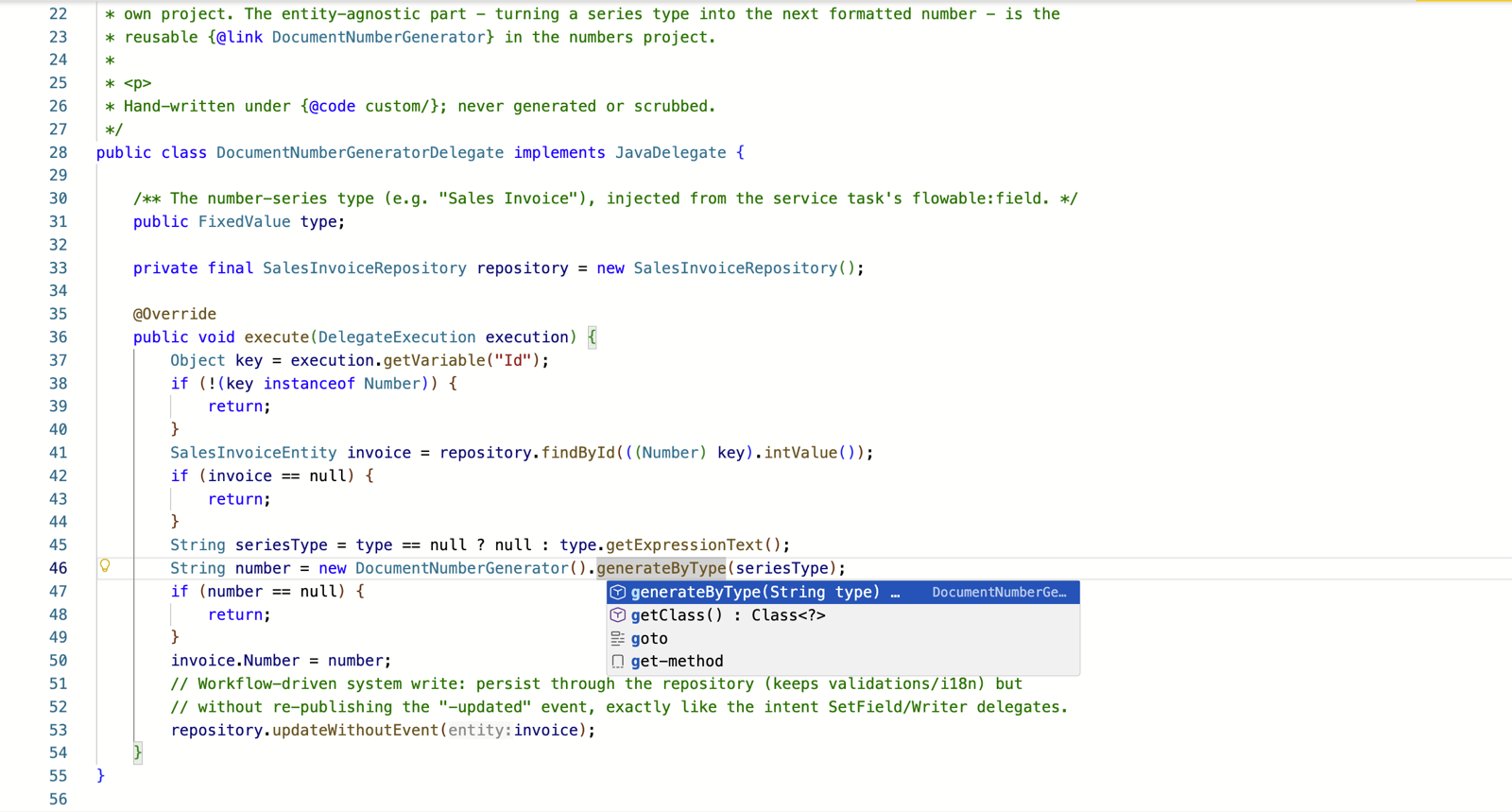 The web IDE editing DocumentNumberGeneratorDelegate.java, with a completion popup on the reusable DocumentNumberGenerator.generateByType(String type) - the cross-module type resolved by the language server.