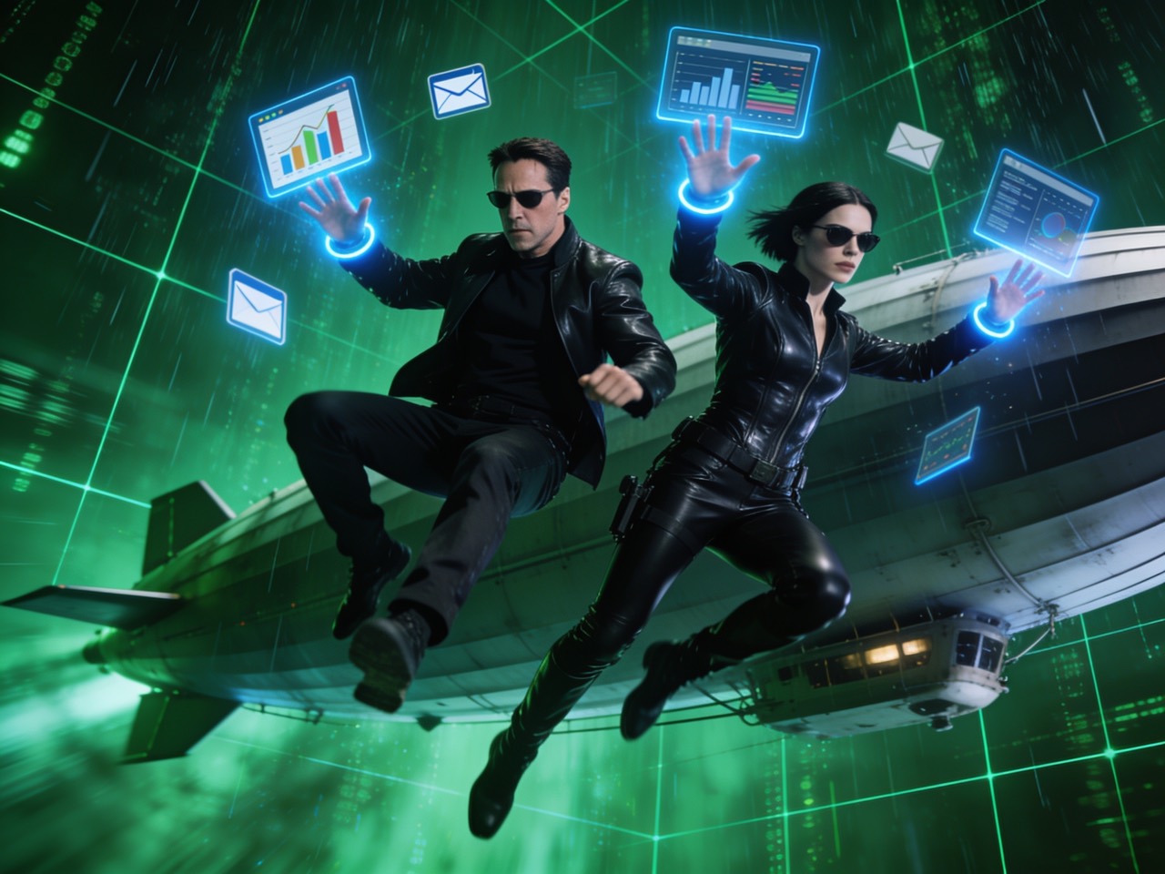 Two operators soar past a Dirigible airship, dashboards, reports and email icons streaming around them in the green code-rain.