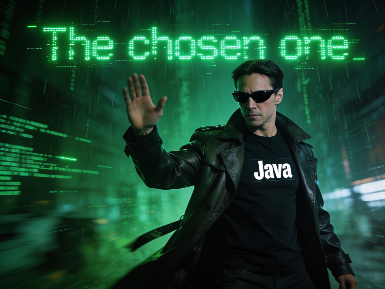 Neo in a Java t-shirt, hand raised, 'The chosen one' glowing in the green code-rain.