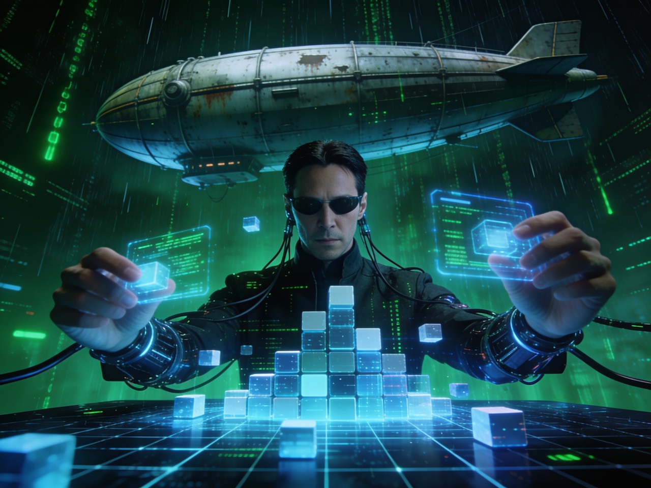 A Matrix-style operator assembles glowing module-blocks into a rising structure, a weathered airship drifting overhead in the green code-rain.