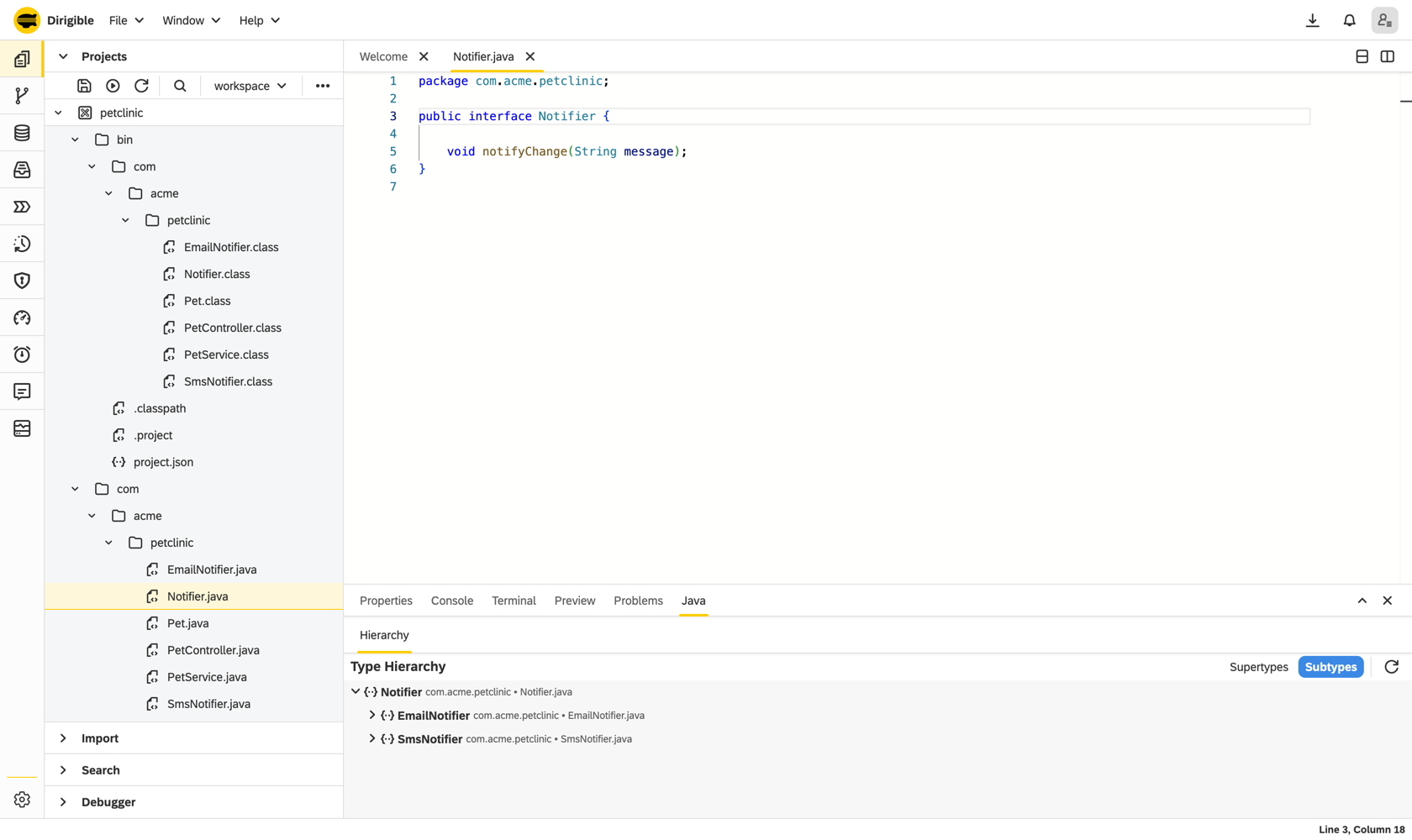Type Hierarchy in the bottom Java panel: an interface shown with its two implementors as a navigable tree