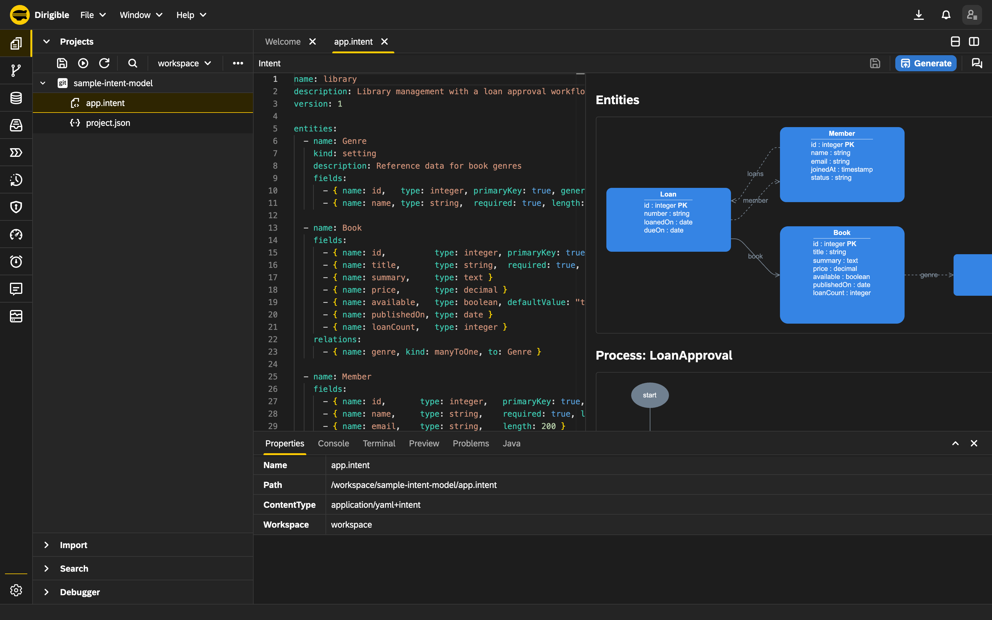 The Intent Editor open on the library app.intent: the YAML source on the left, and on the right the live diagram - the Member, Loan and Book entities with their relations, and the LoanApproval process.