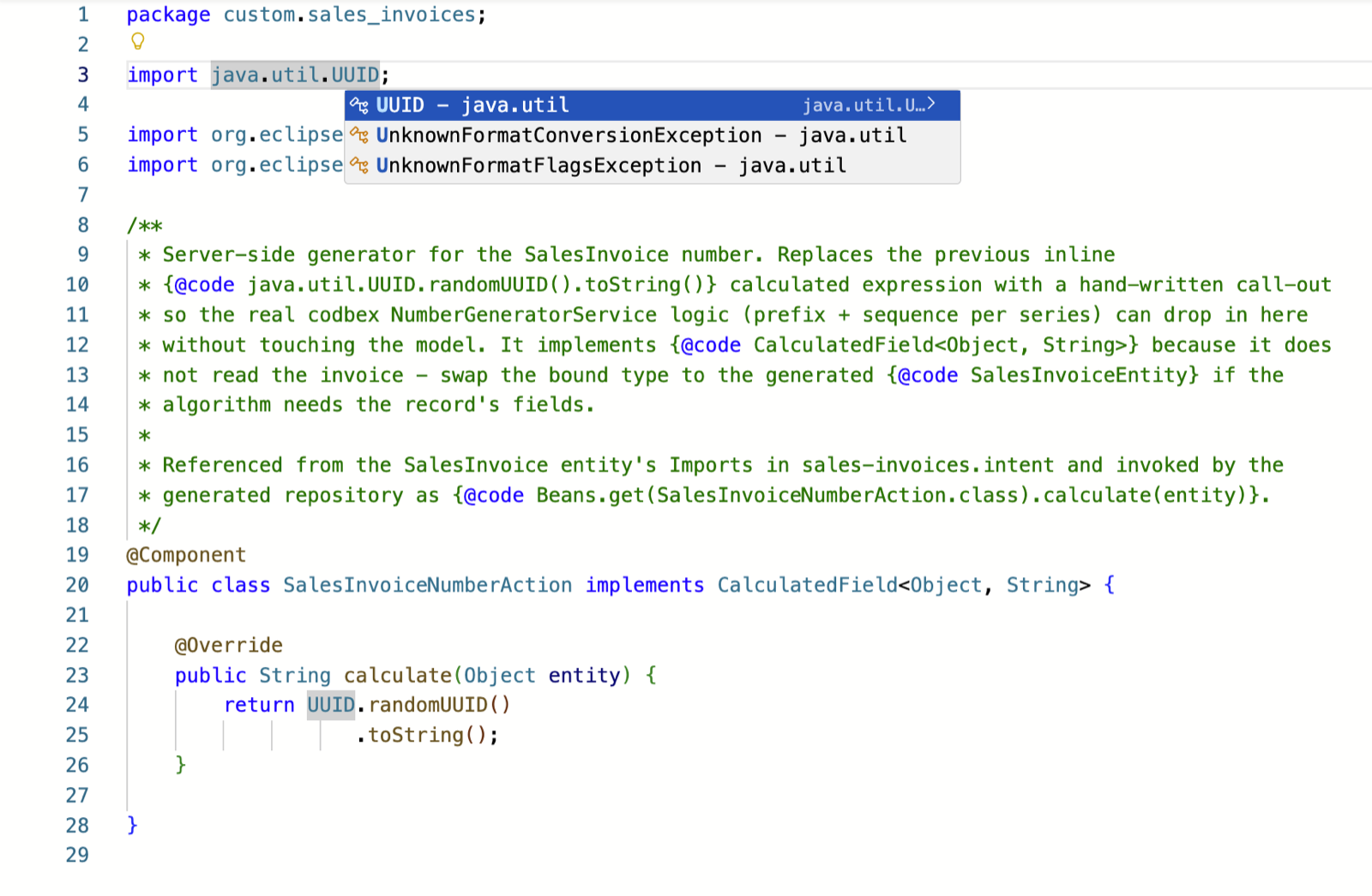 The web IDE editing SalesInvoiceNumberAction.java, with a JDT completion popup offering java.util.UUID as you type - full language-server assistance in the browser.