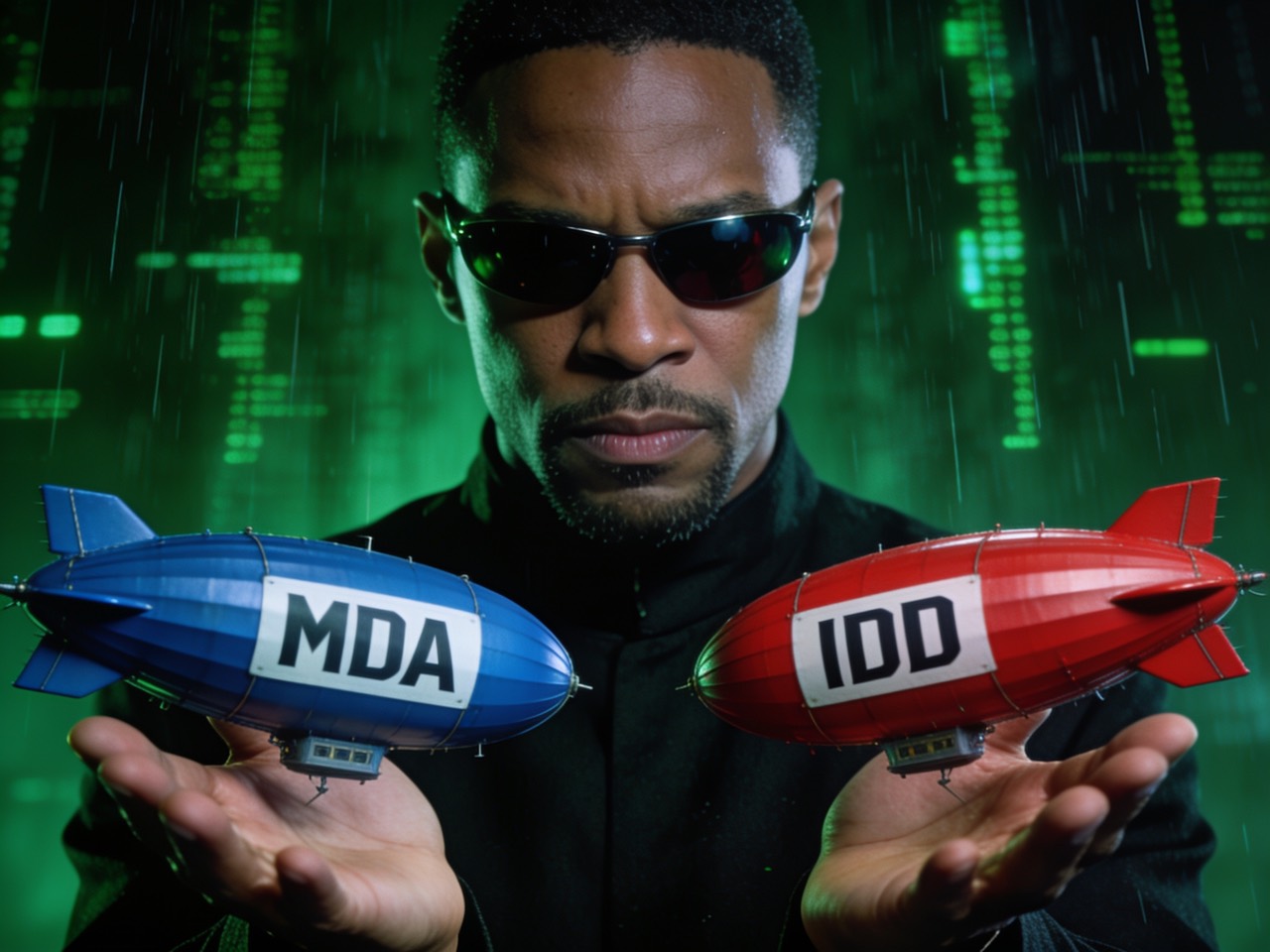 Two airships drift through a rain of green code: a blue one marked MDA, a red one marked IDD.
