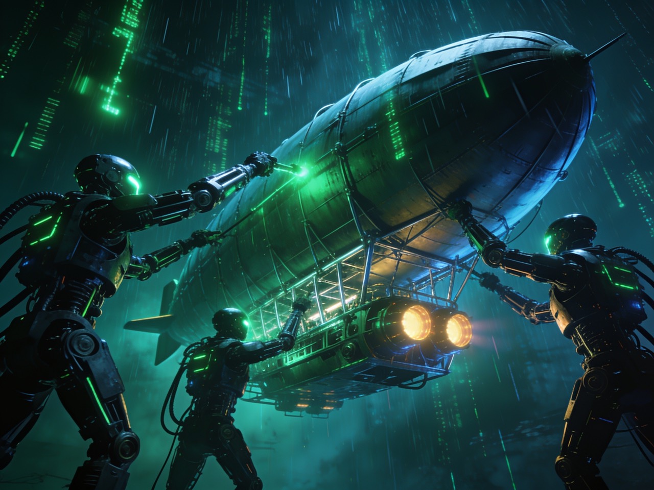 Machines assemble and rig a Dirigible airship from parts in the green code-rain - each module built and shipped on its own, then joined into one craft.