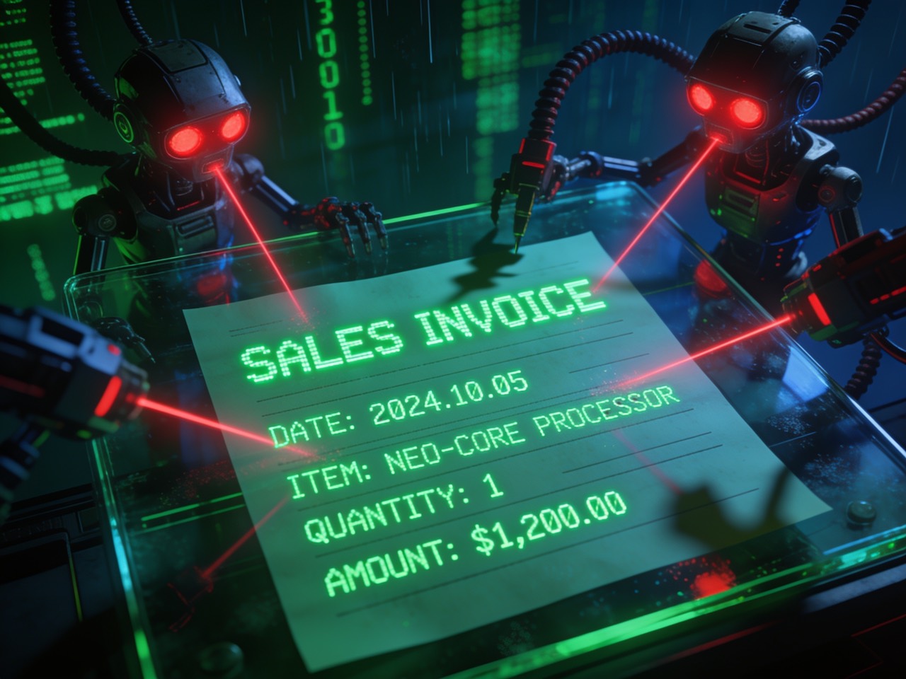 Laser-armed machines etch a glowing Sales Invoice document in the green code-rain - the paperwork rendered server-side, no layout code written.