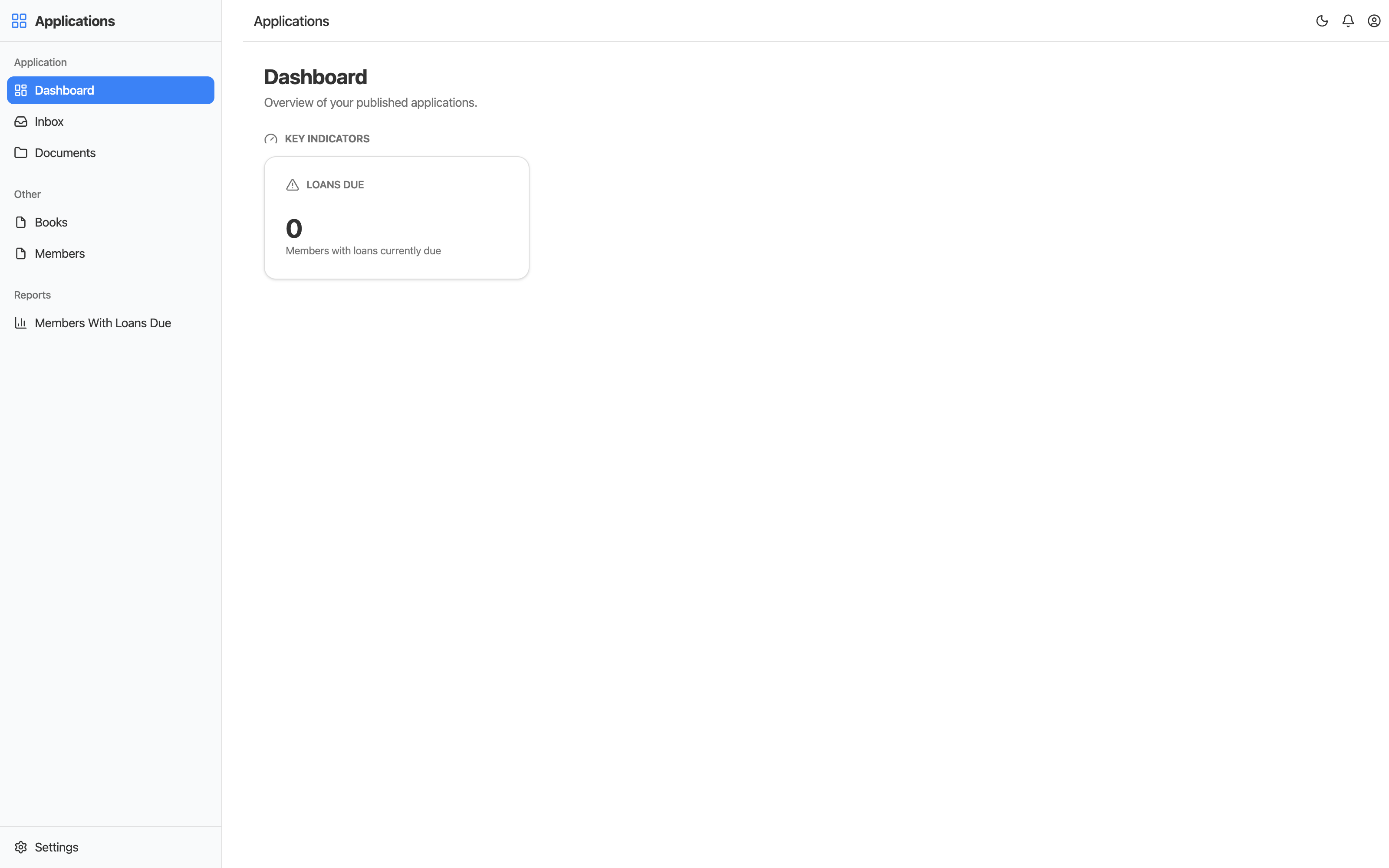 The running Harmonia application generated from the intent: the shared shell with a Books and Members sidebar, a Reports section, and the Loans Due KPI tile driven by the MembersWithLoansDue report.