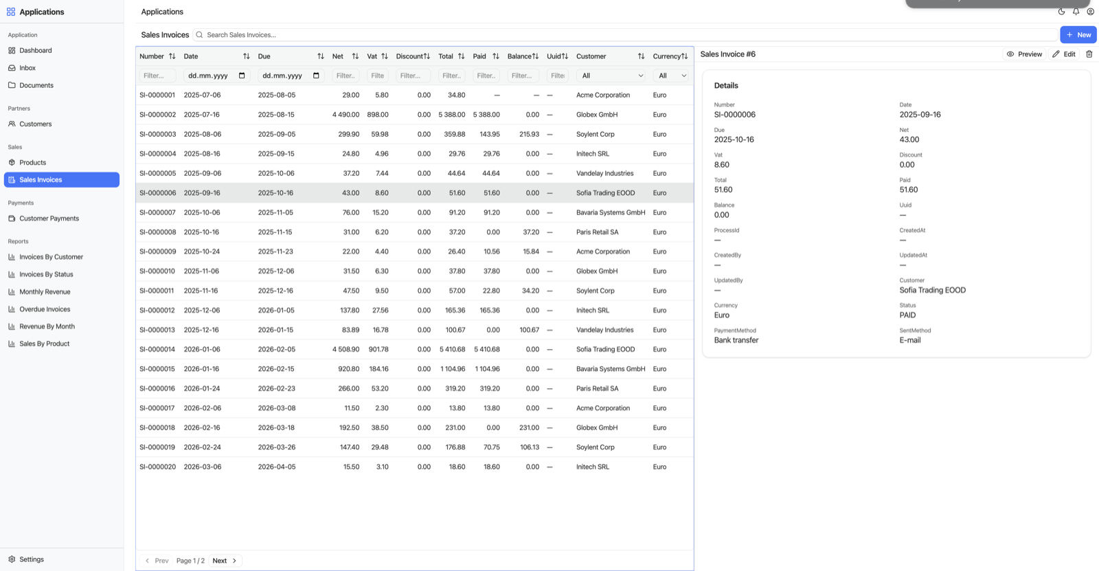 The one shared shell aggregating every module: a grouped sidebar - Partners, Sales, Payments, Reports - over the suite's Sales Invoices list with a detail preview.