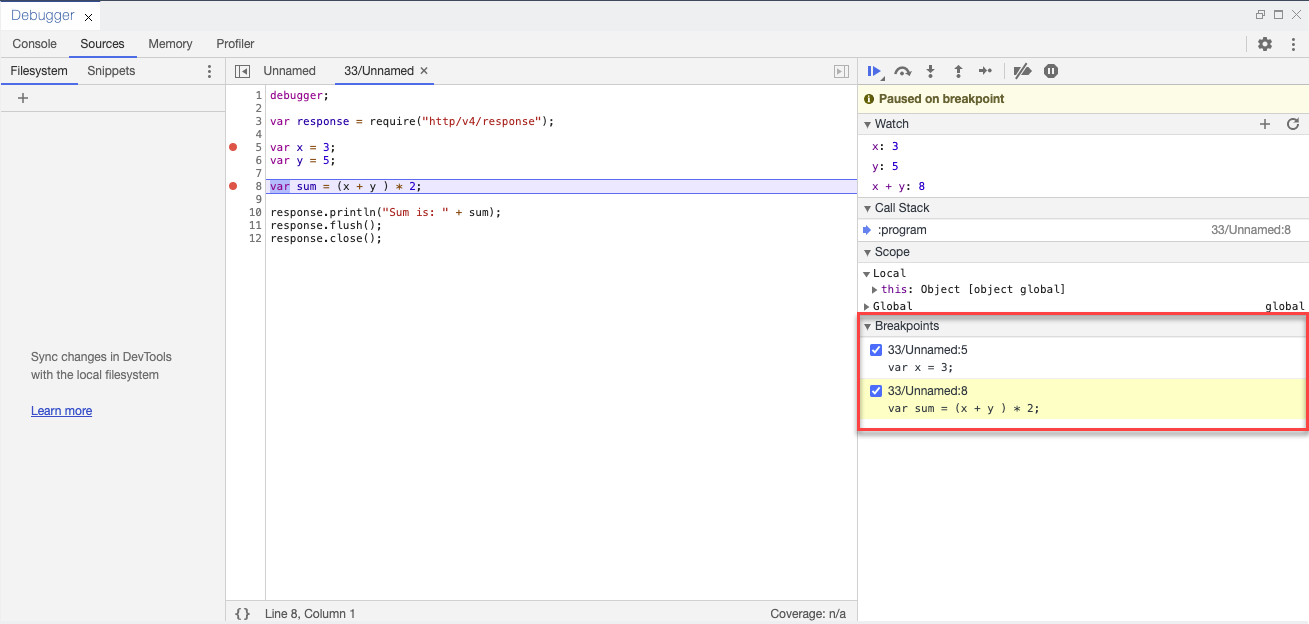 Breakpoint pane of the Debugger view