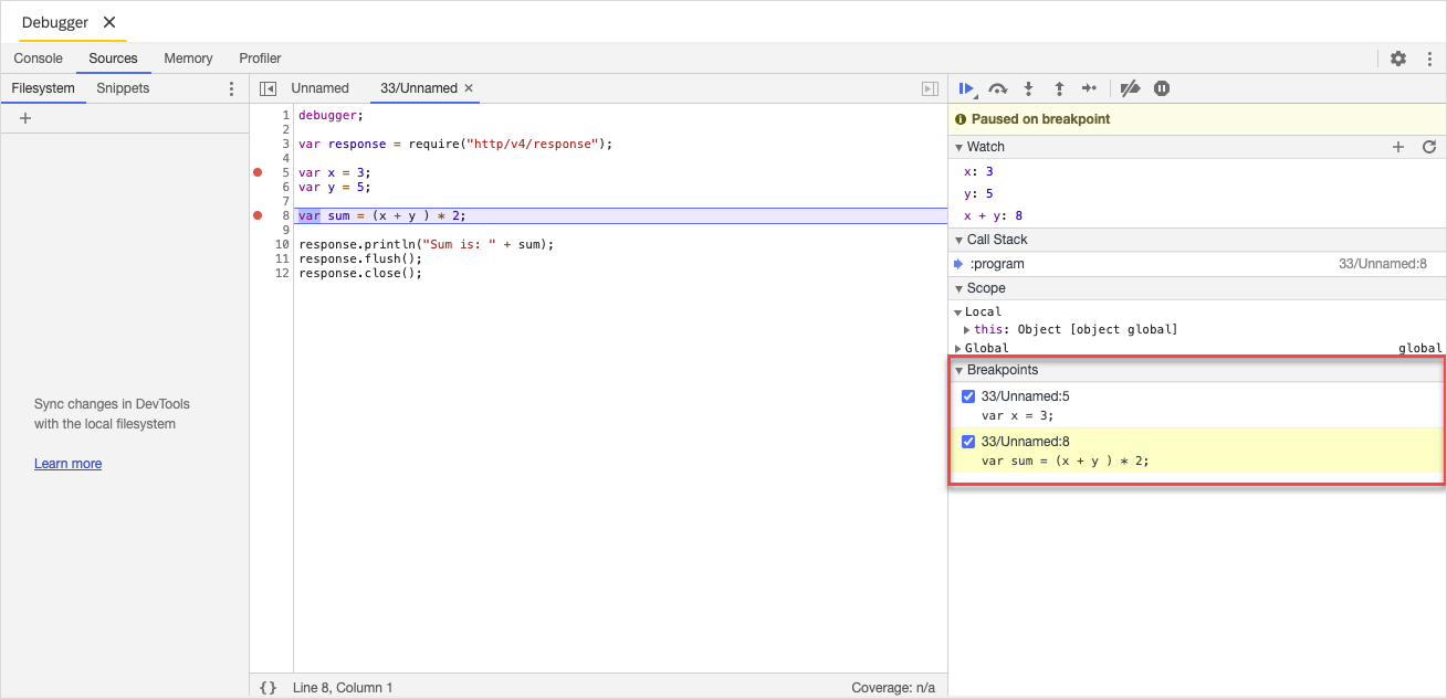 Breakpoint pane of the Debugger view