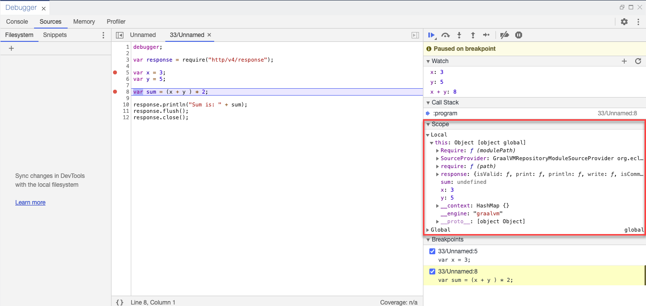 Scope pane of the Debugger view