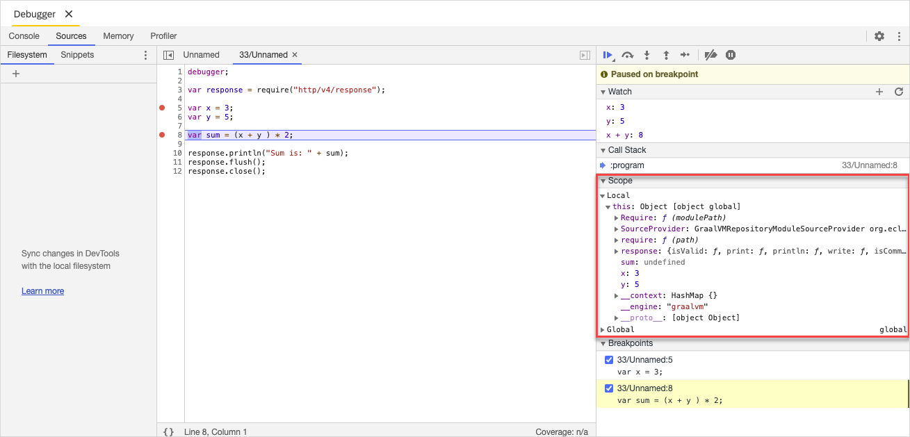 Scope pane of the Debugger view